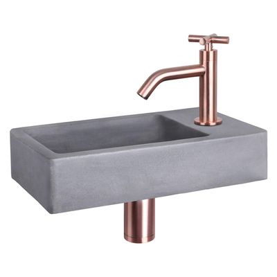 Differnz Force fonteinset - 40x22x8cm - Rechthoek - 1 kraangat - Gebogen rose koper kraan - kruisgreep - Beton Grijs 38.400.69