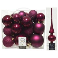 Kerstversiering kunststof kerstballen met piek framboos roze 6-8-10 cm pakket van 27x stuks - Kerstbal - thumbnail