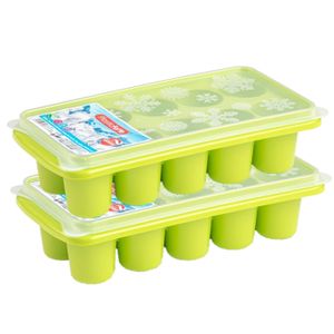 2x stuks Trays met dikke ronde blokken ijsblokjes/ijsklontjes vormpjes 10 vakjes kunststof groen