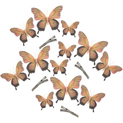 12x stuks decoratie vlinders op clip - geel/roze - 3 formaten - 12/16/20 cm