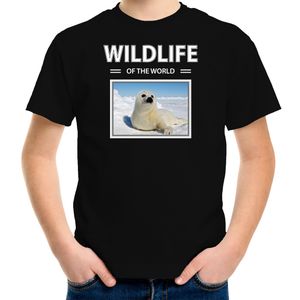 Zeehond t-shirt met dieren foto wildlife of the world zwart voor kinderen