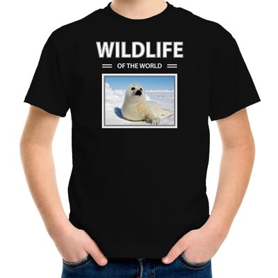 Zeehond t-shirt met dieren foto wildlife of the world zwart voor kinderen