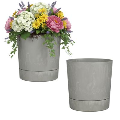 Mica Decorations Bloempot Coco - 2x - met onderschaal - betongrijs - H24 x D23 cm - kunststof