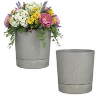 Mica Decorations Bloempot Coco - 2x - met onderschaal - betongrijs - H24 x D23 cm - kunststof