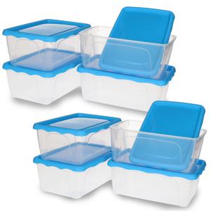 Vershoudbakjes Hega - set van 8x stuks - 1 liter - transparant/blauw - L18 x B12 x H12 cm