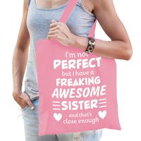 Cadeau tas voor zus - roze - katoen - 42 x 38 cm - awesome sister - thumbnail
