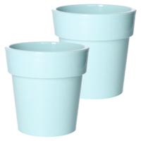 Set van 2x stuks basic plantenpotten/bloempotten kunststof dia 15 cm/hoogte 15 cm pastel groen