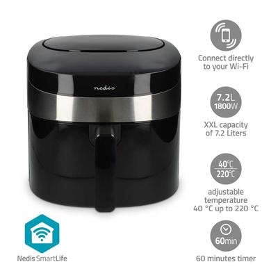 Nedis SmartLife Heteluchtfriteuse | Wi-Fi | 7,2 l | Tijdschakelaar: 60 min | Aantal vooraf ingestelde programma&apos;s: 8 | Digitaal | Android™ / IOS |