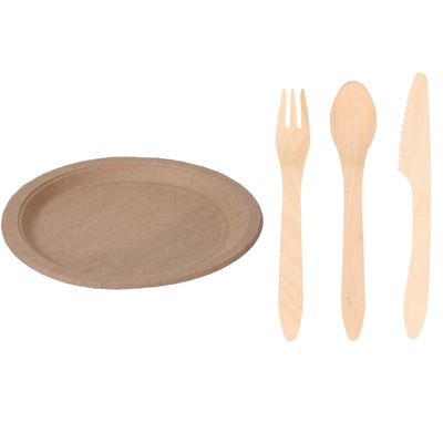 Houten verjaardag bestek voor 12x personen set en 20x Duurzame papieren taart/hapjes bordjes 23 cm