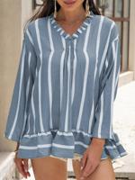 Women's Long Sleeve Shirt Spring/Fall Blue Striped V Neck Daily Going Out Casual Top