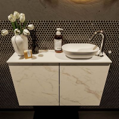 Mondiaz Fowy toiletmeubel 80cm Carrara met blad en waskom talc rechts 1 kraangat