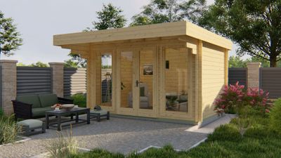 Tuindeco James Blokhut 400x280 cm 44 mm vuren blank- Plat dak- Onbehandeld vurenhout- Tuindeco