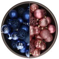74x stuks kunststof kerstballen mix van velvet roze en kobalt blauw 6 cm - Kerstbal
