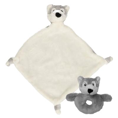 Pluche dieren setje wolf knuffel rammelaar 15 cm en tutteldoekje 40 cm