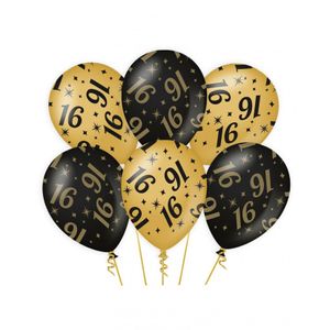 6x stuks leeftijd verjaardag feest ballonnen 16 jaar geworden zwart/goud 30 cm   -
