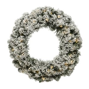 Kerstkrans/dennenkrans groen met sneeuw en warm witte verlichting met timer 35 cm
