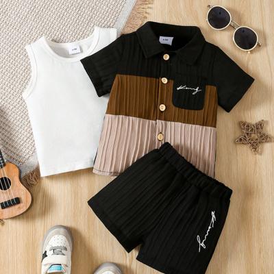 3pcs Baby Boys' Summer New Wave Bar Contrast Collar Short Sleeve Open Button Shirt&Round Neck Sleeveless Tank Top&Shorts Boys' Clothing Set Black / 2-3Y