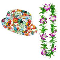 Carnaval verkleed set - Tropische Hawaii party - hoed met bloemenslinger - volwassenen - thumbnail