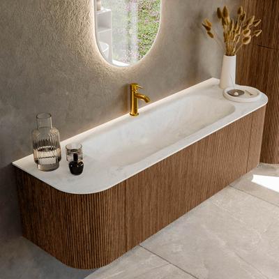 Mondiaz KURVE-DLUX 150 cm Onderkast Greeploos 1 Lade Met Deuren Walnut, Wastafel Solid Surface Midden Opalo 1 Kraangat Zonder Spiegel (KRVBGM150L+R1L2D1KM-Wal/Opa)