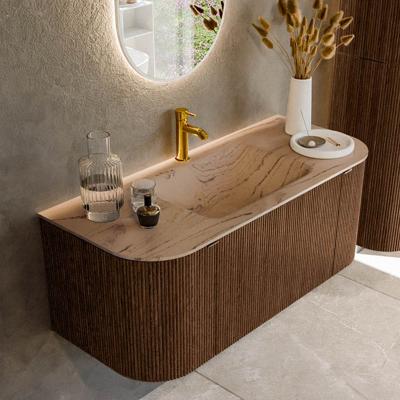 Badmeubel Mondiaz Kurve-Dlux | 110 cm | Meubelkleur Walnut | Wastafelkleur Arena | Solid surface | Wasbak midden spoelbak | 1 kraangat