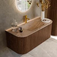 Badmeubel Mondiaz Kurve-Dlux | 110 cm | Meubelkleur Walnut | Wastafelkleur Arena | Solid surface | Wasbak midden spoelbak | 1 kraangat