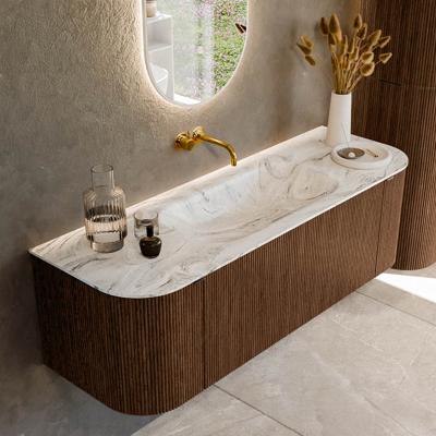 Badmeubel Mondiaz Kurve-Dlux | 140 cm | Meubelkleur Walnut | Wastafelkleur Glace | Solid surface | Midden spoelbak | Zonder kraangat(en)