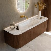 Badmeubel Mondiaz Kurve-Dlux | 140 cm | Meubelkleur Walnut | Wastafelkleur Glace | Solid surface | Midden spoelbak | Zonder kraangat(en) Badmeubel Mondiaz Kurve-Dlux | 140 cm | Meubelkleur Walnut | Wastafelkleur Glace | Solid surface | Midden spoelbak | Zonder kraangat(en)