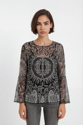 Wijd uitlopend T-shirt met mandala's - BLACK - S