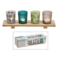 Windlicht bladdecor, set van 4 glazen 4x5x4cm, van glas, bamboe groen, set van 5, (B/H/D) 30x10x8cm