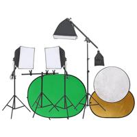 Fotostudioset met lichtset, achtergrondscherm en reflector Fotostudioset met lichtset, achtergrondscherm en reflector