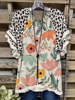 Floral Short Sleeve Printed Cotton-blend V neck Casual Summer Multicolor Top - thumbnail