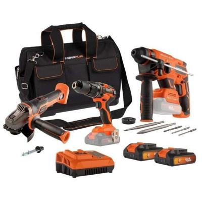 3-gereedschapspakket - DUAL POWER - 20 V - Boormachine/schroevendraaier + haakse slijper + boorhamer - 2 accu's en lader - Tas