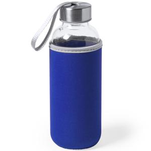 Waterfles/drinkfles Bidon - met softshell bescherm hoes - blauw - glas - 420 ml - Sportfles