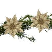 Decoratie bloem - 2x stuks - kerstster - op clip - goud - glitter -18 cm - kunststof - kerstversieri
