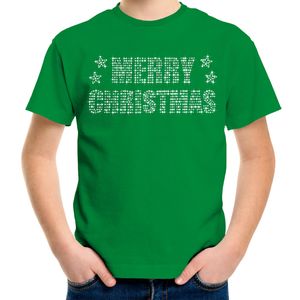 Glitter kerst t-shirt groen Merry Christmas glitter steentjes voor kinderen - Glitter kerst shirt