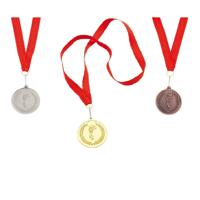 Sportprijzen medailles setje - 3x stuks - goud-zilver-brons - aan rood halslint - sportdag prijzen