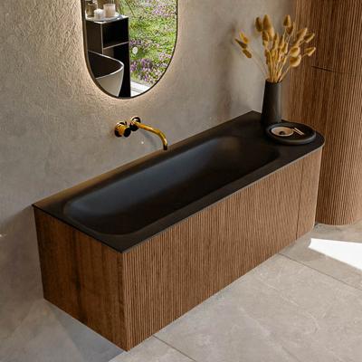 Mondiaz KURVE 125 cm Onderkast Greeploos 1 Lade Met Deuren Walnut, Wastafel Solid Surface Links Urban 0 Kraangaten Zonder Spiegel (KRVBGM125R1L1D0KL-Wal/Urb)
