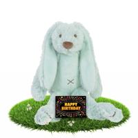 Verjaardag knuffel konijn Richie - mintgroen - 28 cm - met gratis verjaardagskaart