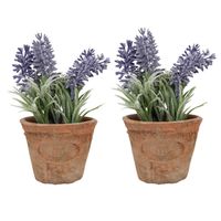 2x stuks kunstplanten lavendel in terracotta pot 15 cm - Kunstplanten - thumbnail