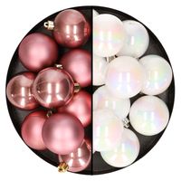 24x stuks kunststof kerstballen mix van velvet roze en parelmoer wit 6 cm - thumbnail