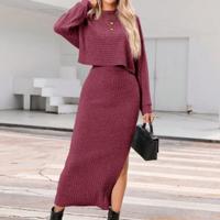 Bon&Bon Rib-Knit Drop Shoulder Tee & Split Thigh Skirt 2-Piece Set Burgundy / L