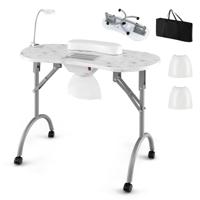 Opvouwbare Manicuretafel met Elektrische Stofafzuiger Flexibele Ledlamp Verwijderbare Polssteun Draagtas 4 Vergrendelbare Wielen Wit