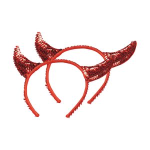 Halloween diadeem - 2x - duivel hoorntjes met pailletten - rood - kunststof