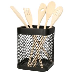 Keukengerei kooklepels spatels set 5-delig - bamboe - in zwart rvs houder van 17 cm