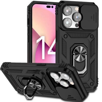 Lunso - Armor backcover hoes met ringhouder - iPhone 14 Pro - Zwart