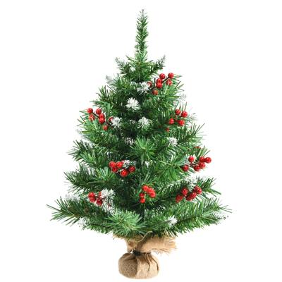 60 cm Tafel Kerstboom Levensechte Kerstboom met 76 PVC Takken Rode Bessen Clusters Jute Bedekte Cement Standaard Mini Kerst Decor