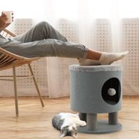 Huisdierbedden voor Binnenkatten Poef en Kattenbed met Krabpaal Pluche Bal Modern 3-In-1 Meubel voor Kleine en Middelgrote Katten Grijs/Beige