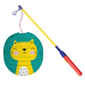 Bol lampion kat/poes - blauw - 22 cm - papier - met lampionstokje - 40 cm