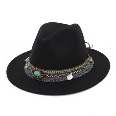 Vrouwen jazz caps Bohemen stijl wollen hoeden voor lente zomer strand (zwart)