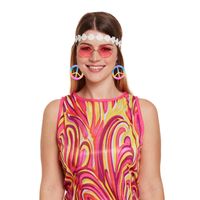 Hippie verkleed accessoire set met haarband roze bril en oorbellen - thumbnail